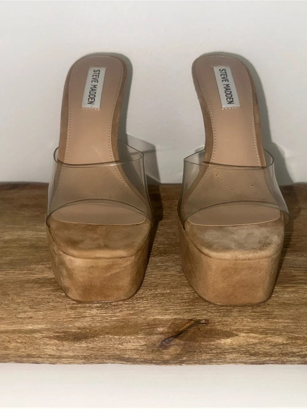 Steve Madden Tan Suede Platform Sandal with Clear Strap